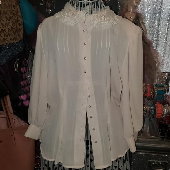 Vintage Blush Embroidered Lace Chic Chiffon Top - Picture 2 of 8